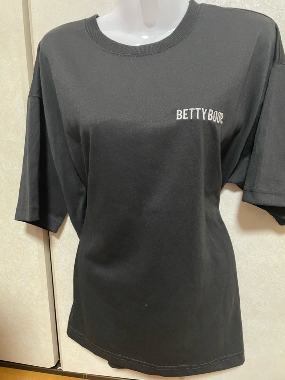 Betty Boop Black Tee with Lavender Logo and Embroidered Face